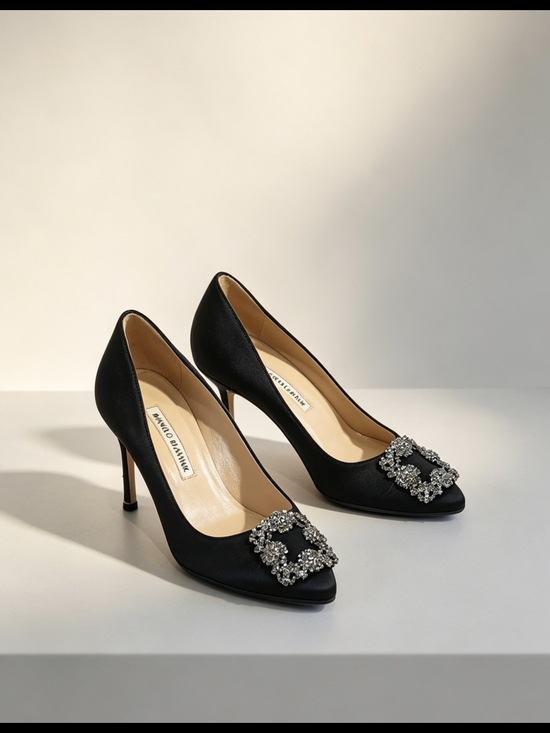 Manolo Blahnik Shoes - Manolo Blahnik Black Satin Hangisi Crystal-Embellished Pumps